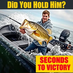 A professional young fisherman stands confidently in a sleek, modern fishing boat, intensely reeling in a gigantic bass fish