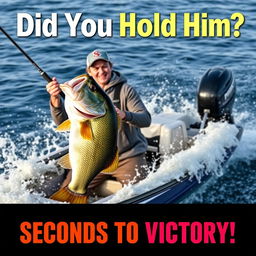 A professional young fisherman stands confidently in a sleek, modern fishing boat, intensely reeling in a gigantic bass fish