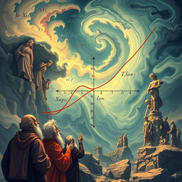 An epic illustration representing the concept of continuity of a piecewise function, inspired by the dramatic and bold style of classic mathematics books