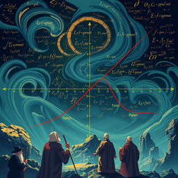 An epic illustration representing the concept of continuity of a piecewise function, inspired by the dramatic and bold style of classic mathematics books