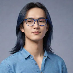 Refine the image of the slim, Asian man with long hair and ear piercing. He's now wearing small glasses. Dress him in blue clothes including jeans. Render this image in high detail and imbue it with an Anime style.