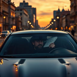 A creative reimagining of Leonardo da Vinci, the iconic Renaissance artist and inventor, sitting confidently in the driver's seat of a sleek Nissan GT-R R35