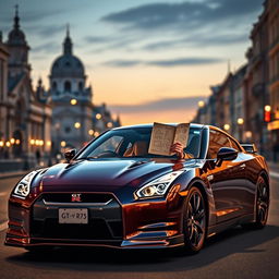 A creative reimagining of Leonardo da Vinci, the iconic Renaissance artist and inventor, sitting confidently in the driver's seat of a sleek Nissan GT-R R35