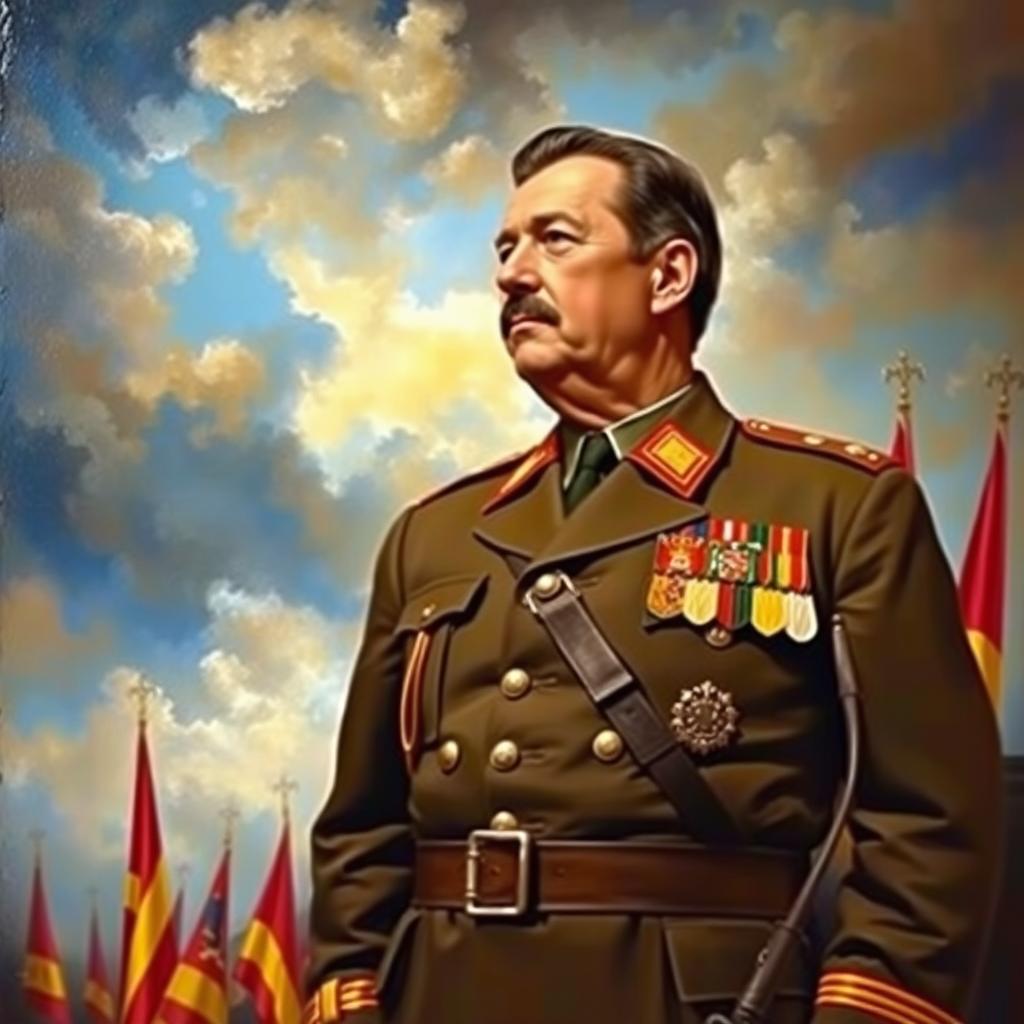 A historical painting depicting Francisco Franco, the Spanish dictator, in military uniform, standing in front of a backdrop of Spanish flags and a dramatic sky