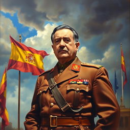 A historical painting depicting Francisco Franco, the Spanish dictator, in military uniform, standing in front of a backdrop of Spanish flags and a dramatic sky