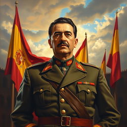 A historical painting depicting Francisco Franco, the Spanish dictator, in military uniform, standing in front of a backdrop of Spanish flags and a dramatic sky