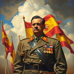 A historical painting depicting Francisco Franco, the Spanish dictator, in military uniform, standing in front of a backdrop of Spanish flags and a dramatic sky