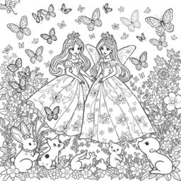 A whimsical black and white coloring page suitable for children, featuring a magical scene with princesses in elegant gowns adorned with butterfly patterns