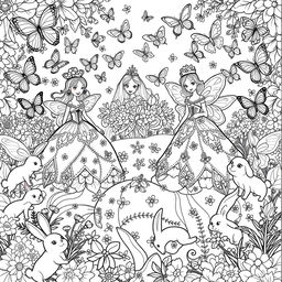 A whimsical black and white coloring page suitable for children, featuring a magical scene with princesses in elegant gowns adorned with butterfly patterns