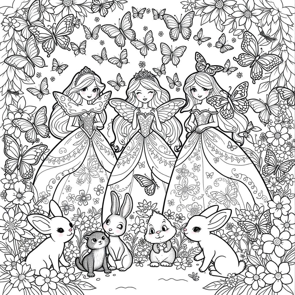 A whimsical black and white coloring page suitable for children, featuring a magical scene with princesses in elegant gowns adorned with butterfly patterns