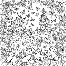 A whimsical black and white coloring page suitable for children, featuring a magical scene with princesses in elegant gowns adorned with butterfly patterns