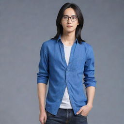 Refine the image of the slim, Asian man with long hair and ear piercing. He's now wearing small glasses. Dress him in blue clothes including jeans. Render this image in high detail and imbue it with an Anime style.