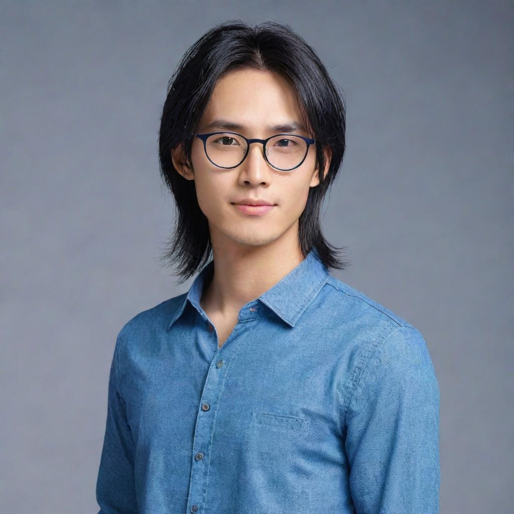 Refine the image of the slim, Asian man with long hair and ear piercing. He's now wearing small glasses. Dress him in blue clothes including jeans. Render this image in high detail and imbue it with an Anime style.