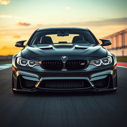 A sleek BMW M3 GTS, modified with two large turbochargers and a prominent intercooler integrated into the front bumper