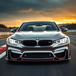 A sleek BMW M3 GTS, modified with two large turbochargers and a prominent intercooler integrated into the front bumper