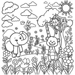 A delightful black and white coloring page for children, filled with a variety of fun, playful drawings