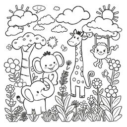 A delightful black and white coloring page for children, filled with a variety of fun, playful drawings