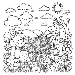 A delightful black and white coloring page for children, filled with a variety of fun, playful drawings