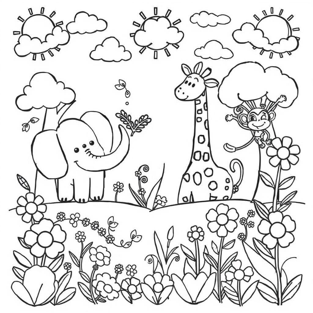 A delightful black and white coloring page for children, filled with a variety of fun, playful drawings