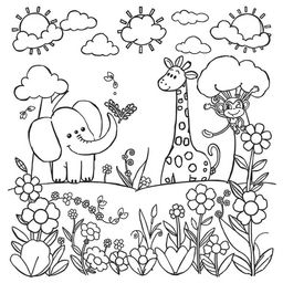 A delightful black and white coloring page for children, filled with a variety of fun, playful drawings