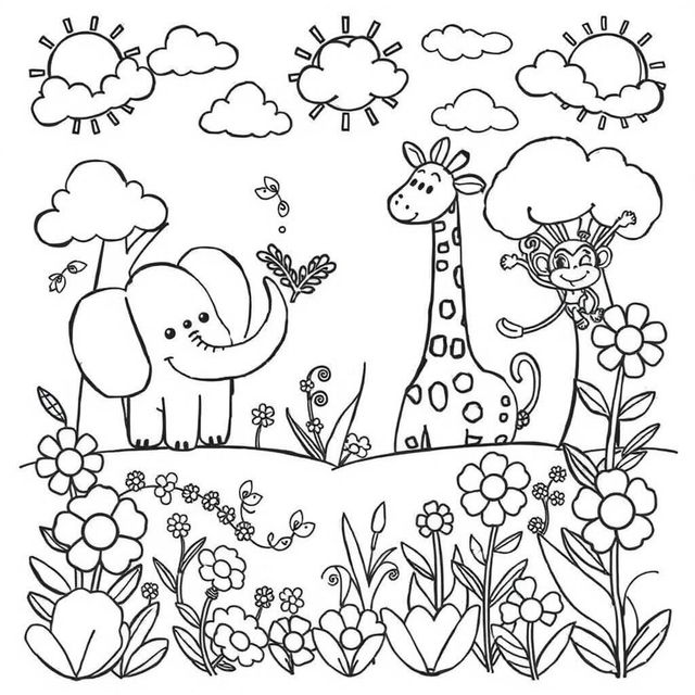 A delightful black and white coloring page for children, filled with a variety of fun, playful drawings