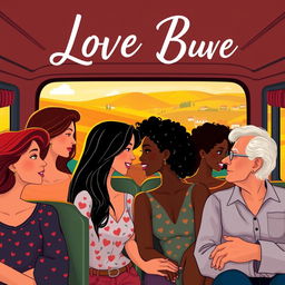 A contemporary romantic novel cover that illustrates a tapestry of intertwined love stories, including homosexual, polyamorous, lesbian, interracial, and intergenerational relationships, all set within a bus journey