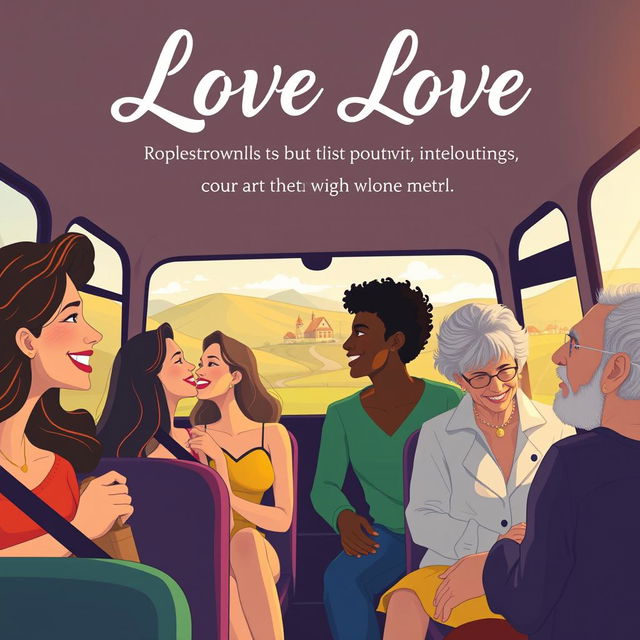 A contemporary romantic novel cover that illustrates a tapestry of intertwined love stories, including homosexual, polyamorous, lesbian, interracial, and intergenerational relationships, all set within a bus journey