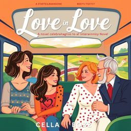 A contemporary romantic novel cover that illustrates a tapestry of intertwined love stories, including homosexual, polyamorous, lesbian, interracial, and intergenerational relationships, all set within a bus journey