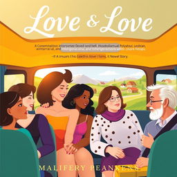 A contemporary romantic novel cover that illustrates a tapestry of intertwined love stories, including homosexual, polyamorous, lesbian, interracial, and intergenerational relationships, all set within a bus journey