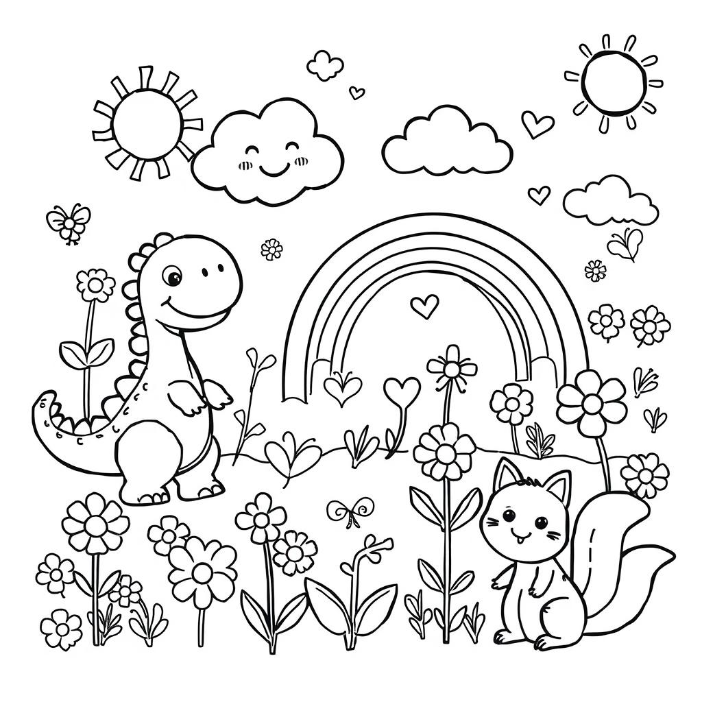 A charming black and white coloring page designed specifically for children, featuring an assortment of playful and cheerful themes