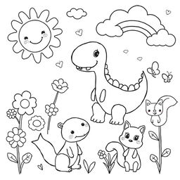 A charming black and white coloring page designed specifically for children, featuring an assortment of playful and cheerful themes