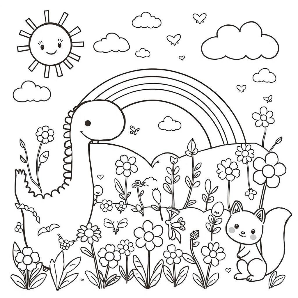 A charming black and white coloring page designed specifically for children, featuring an assortment of playful and cheerful themes