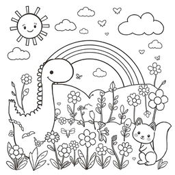 A charming black and white coloring page designed specifically for children, featuring an assortment of playful and cheerful themes