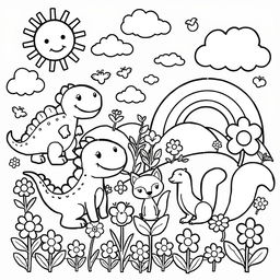 A charming black and white coloring page designed specifically for children, featuring an assortment of playful and cheerful themes