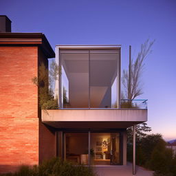 A modern two-story house where the second floor possesses a gleaming glass roof, with bricks forming the ground floor.