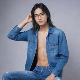 Transform the image of the slim, Asian man with long hair, ear piercing and small glasses into an Anime style artwork. He's dressed in blue clothes with blue jeans.