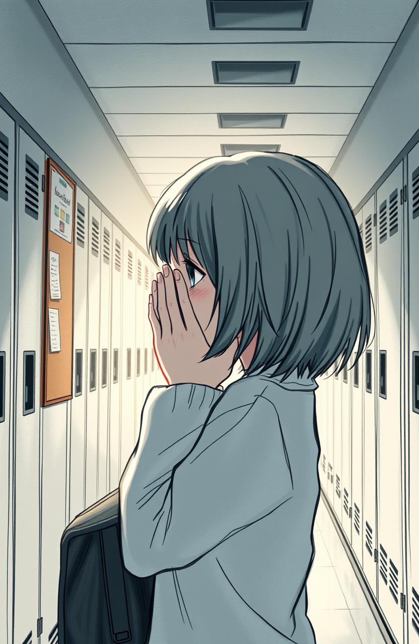 A school hallway scene featuring a girl with medium length hair seen in profile, crying while covering her face with her hands