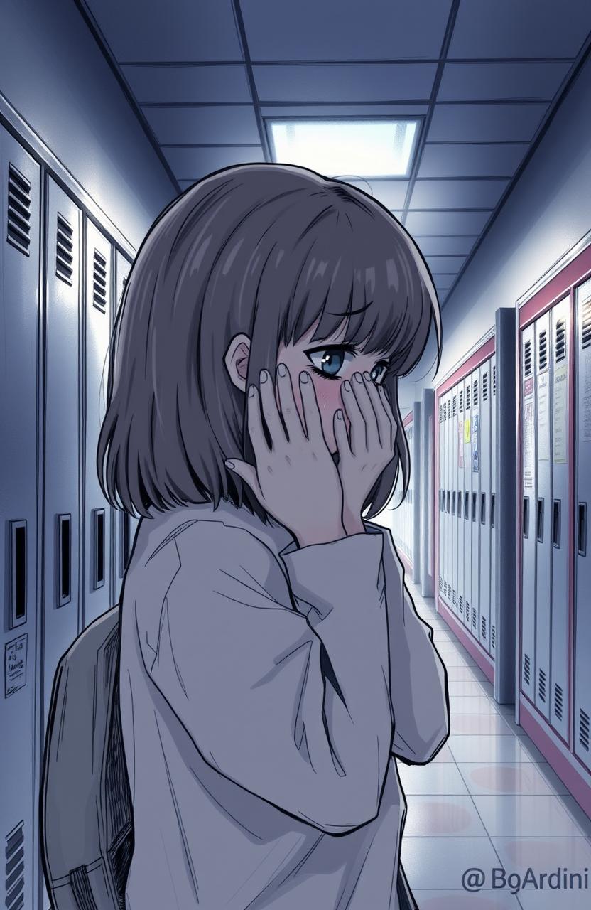 A school hallway scene featuring a girl with medium length hair seen in profile, crying while covering her face with her hands