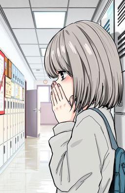 A school hallway scene featuring a girl with medium length hair seen in profile, crying while covering her face with her hands