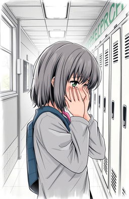 A school hallway scene featuring a girl with medium length hair seen in profile, crying while covering her face with her hands