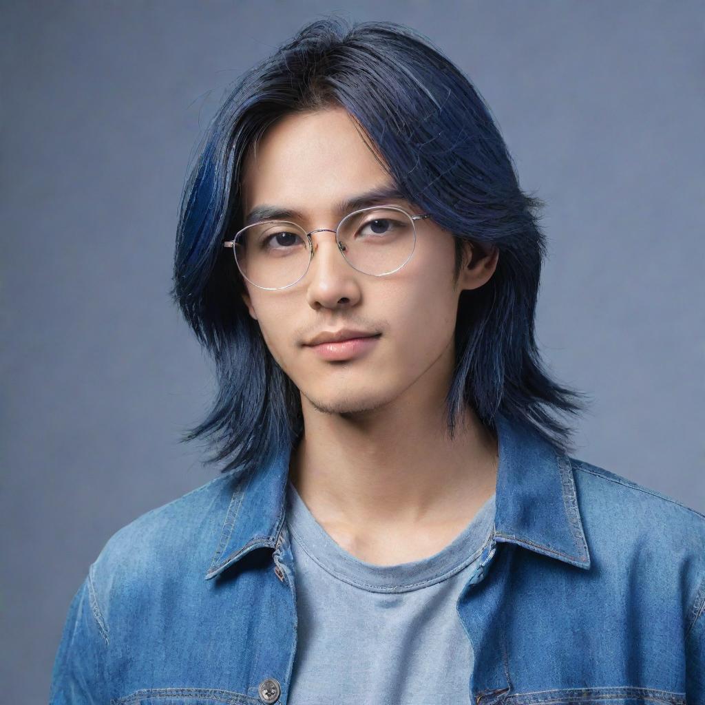 Transform the image of the slim, Asian man with long hair, ear piercing and small glasses into an Anime style artwork. He's dressed in blue clothes with blue jeans.