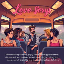 A contemporary romantic novel cover that captures the essence of multiple intertwined love stories shared with a bus driver