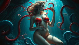 A captivating and surreal artwork showcasing a beautiful naked woman held in an underwater cave