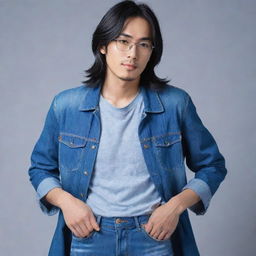 Transform the image of the slim, Asian man with long hair, ear piercing and small glasses into an Anime style artwork. He's dressed in blue clothes with blue jeans.