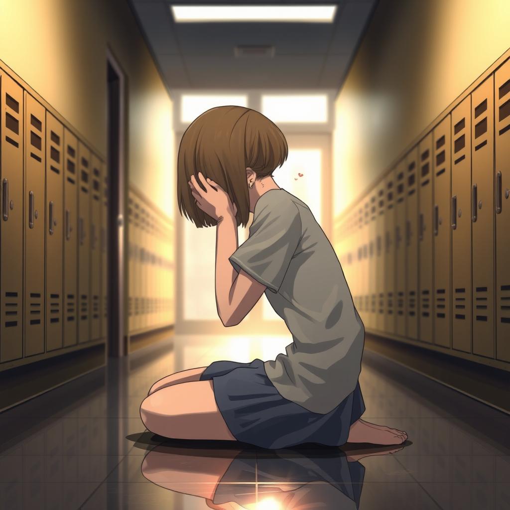 A school hallway scene depicting a girl sitting on the floor in profile, with medium length hair, crying while covering her face with her hands