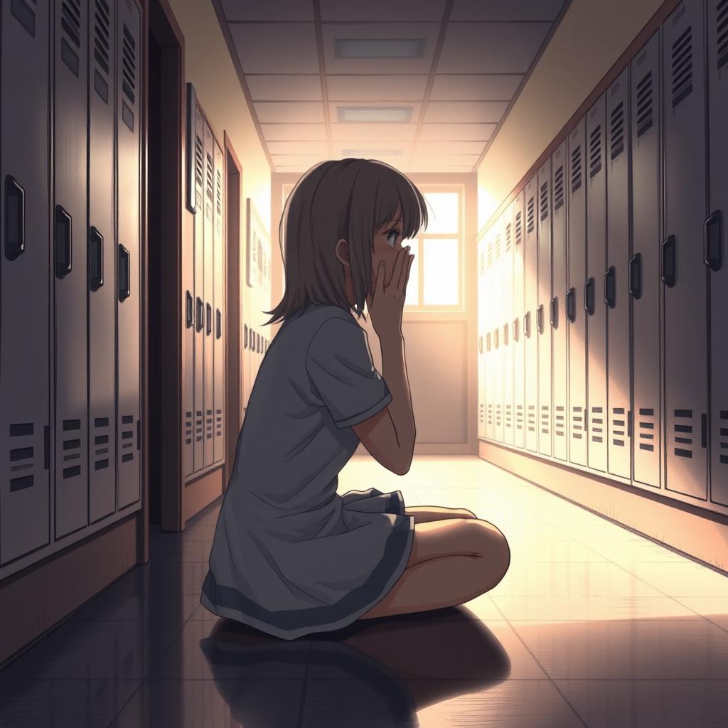 A school hallway scene depicting a girl sitting on the floor in profile, with medium length hair, crying while covering her face with her hands