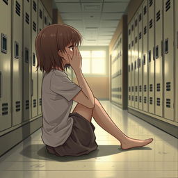 A school hallway scene depicting a girl sitting on the floor in profile, with medium length hair, crying while covering her face with her hands