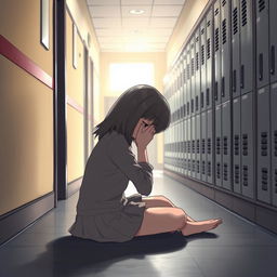 A school hallway scene depicting a girl sitting on the floor in profile, with medium length hair, crying while covering her face with her hands