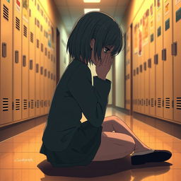 A school hallway scene depicting a girl sitting on the floor in profile, with medium length hair, crying while covering her face with her hands