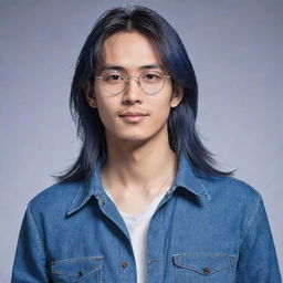 Transform the image of the slim, Asian man with long hair, ear piercing and small glasses into an Anime style artwork. He's dressed in blue clothes with blue jeans.